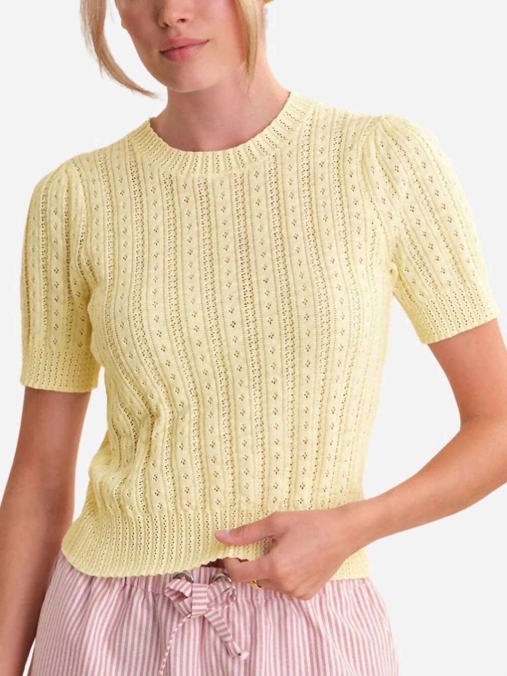 NEW 525 AMERICA arden pointelle puff sleeve pullover sweater in lemon icing